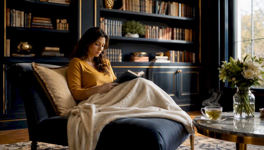 Woman peacefully reading memoir at home