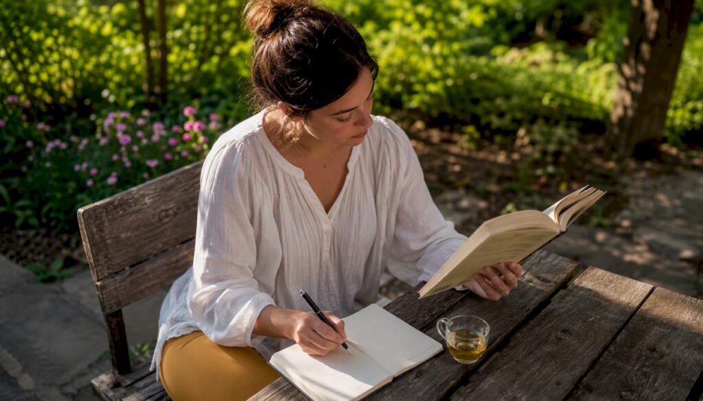 Woman reading and taking notes in café
