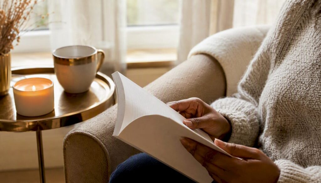 Mother's hands holding healing book in warm reading nook