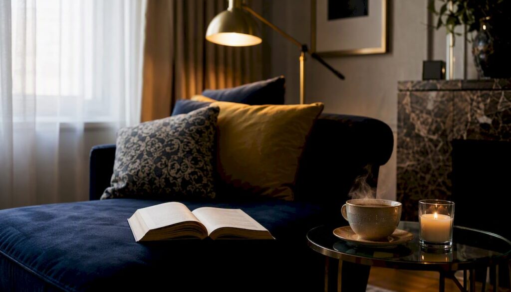 Open philosophy book on armchair with tea and candle