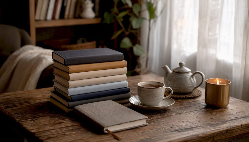 Stack of women's recovery books on wooden table