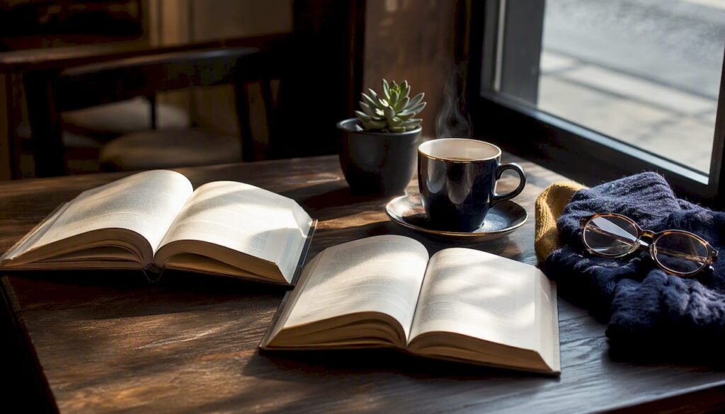 Close-up of books and tea in reading nook