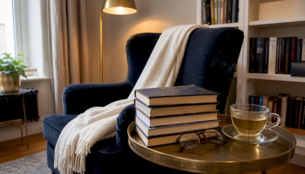 Stack of women authors' sci-fi books in cozy nook