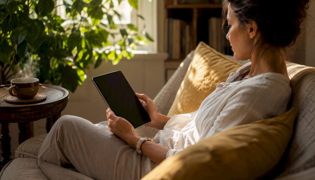 Woman holding tablet reading ebook in cozy room