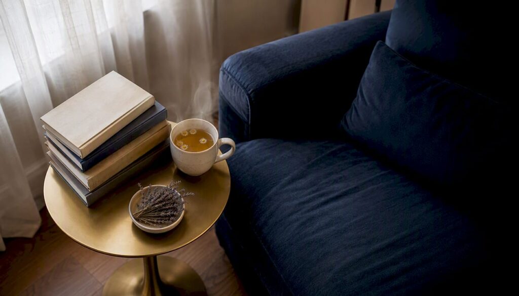 Cozy reading nook with recovery books and tea