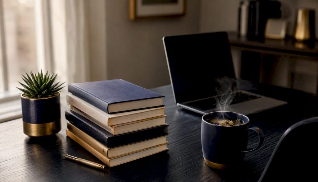 Stack of entrepreneurship books with tea on desk