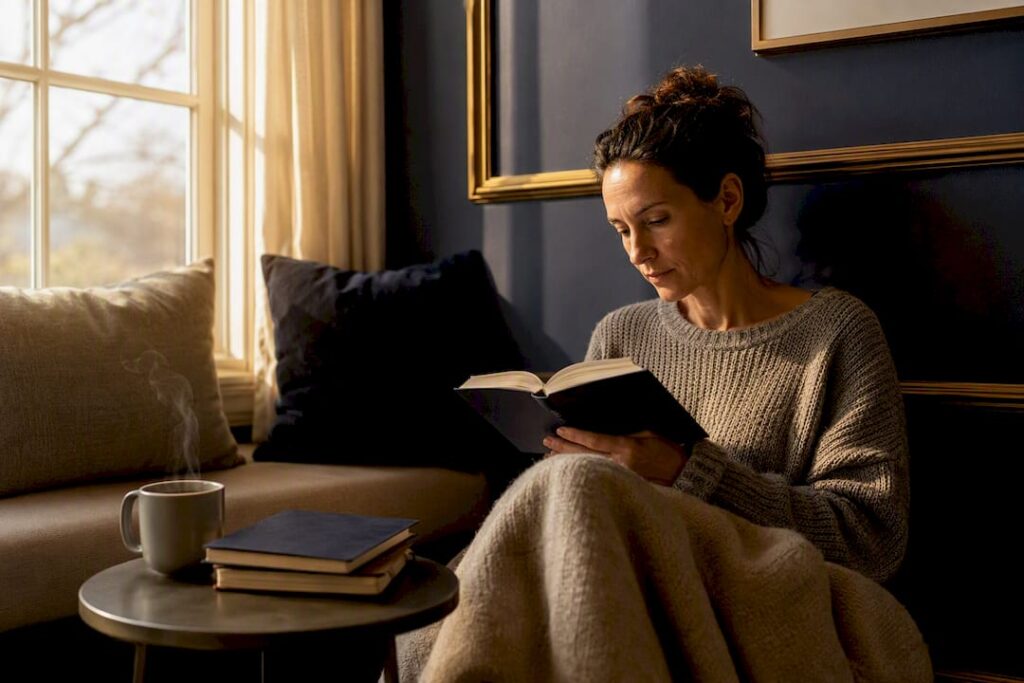 Woman reading a book mindfully by window