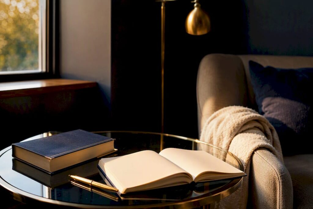 Book on desk with journal ready to write