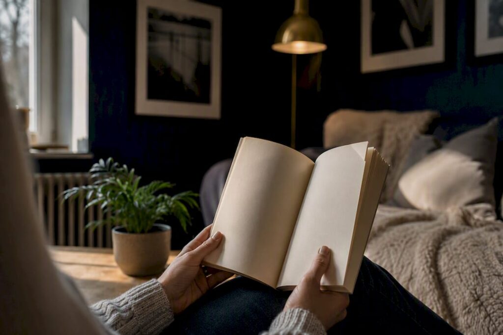 Hands holding an open recovery book in cozy reading nook