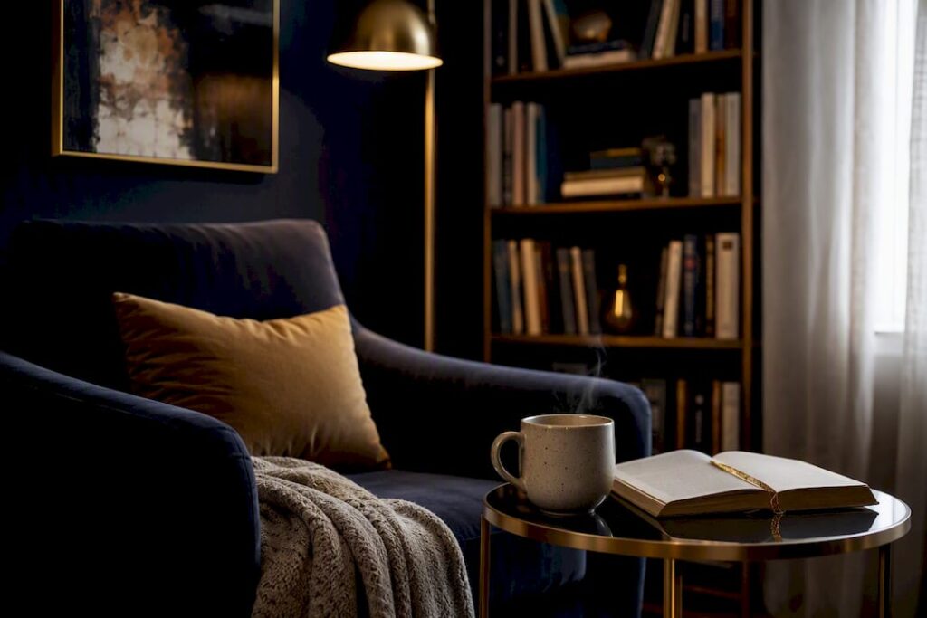 Quiet reading nook with open book and tea