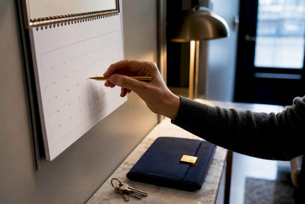 Hand checking a date on a calendar