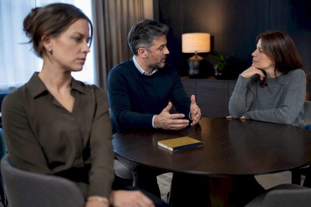 Three people caught in a tense conversation