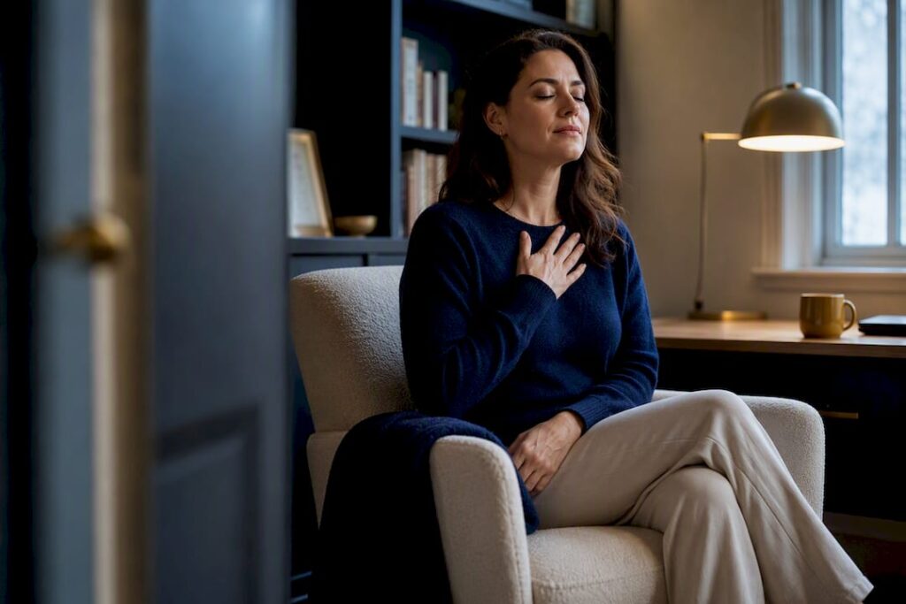 Woman regaining calm after painful memory