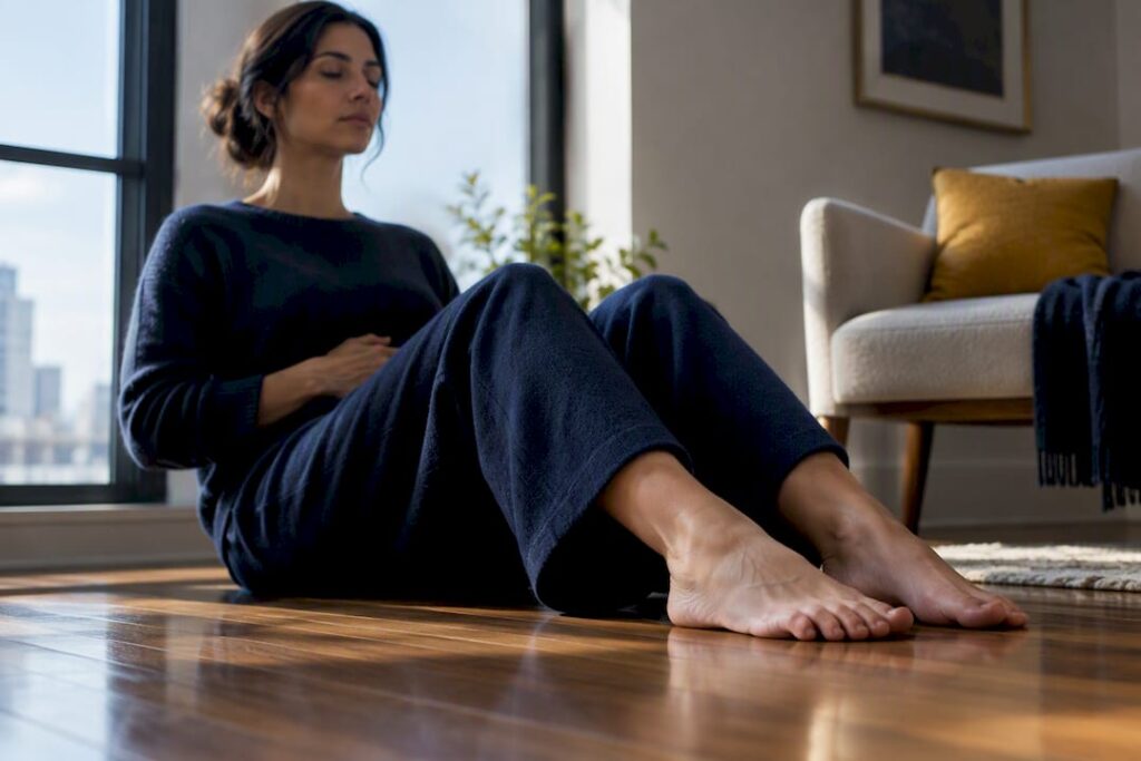 Woman practicing grounding in a quiet room