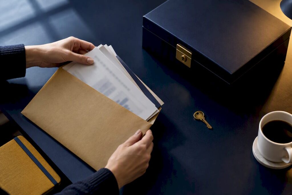 Hands securing financial records for documentation