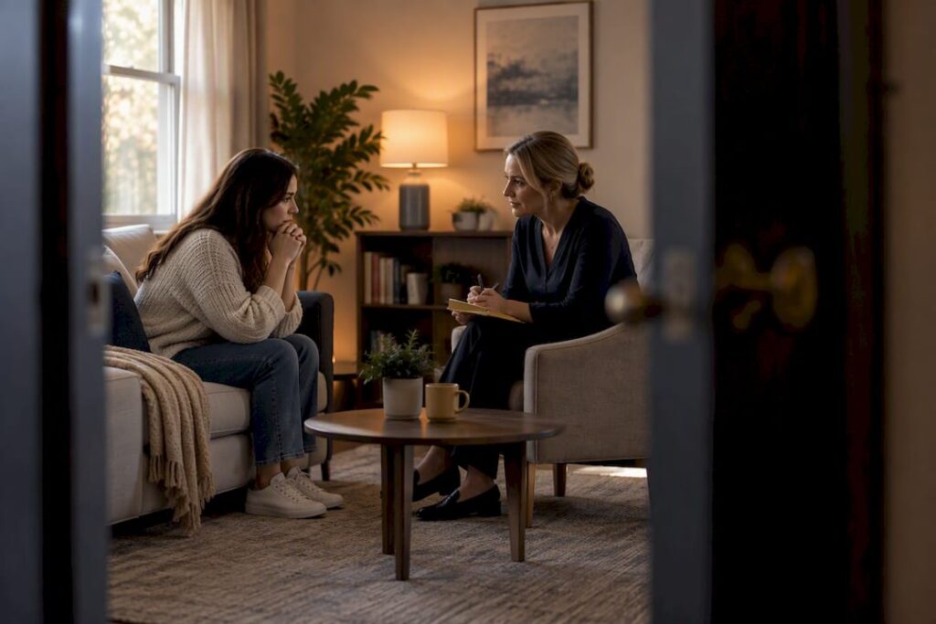 Woman discussing safety with a support advocate