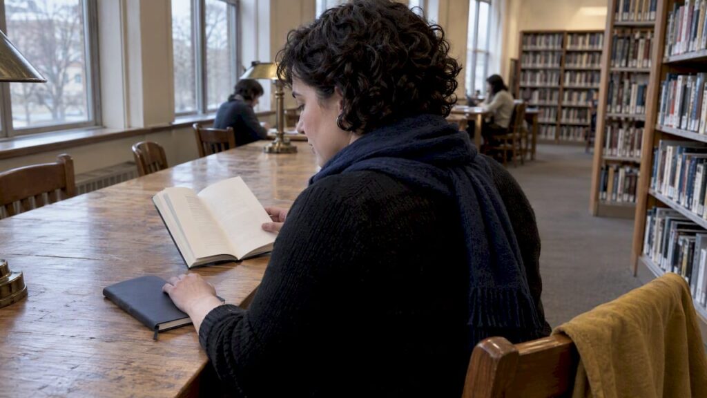 Woman reading poetry book in library