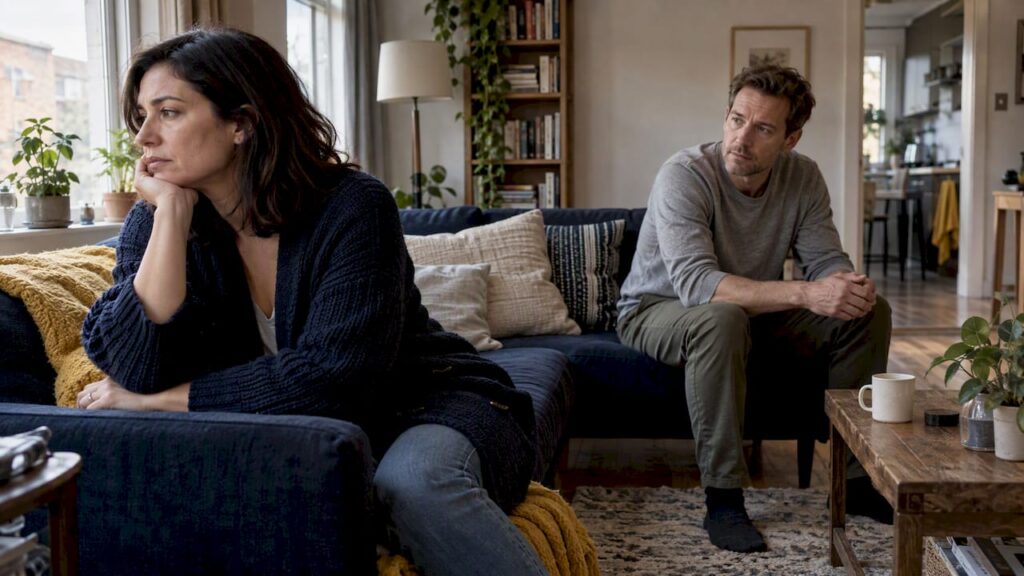 Couple sitting apart after difficult conversation