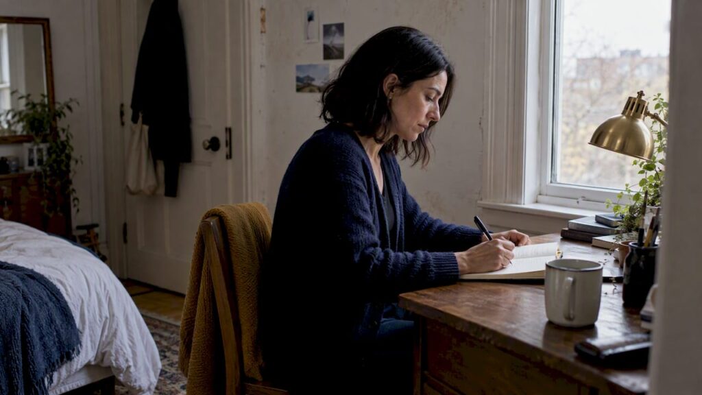 Woman recording relationship events in notebook