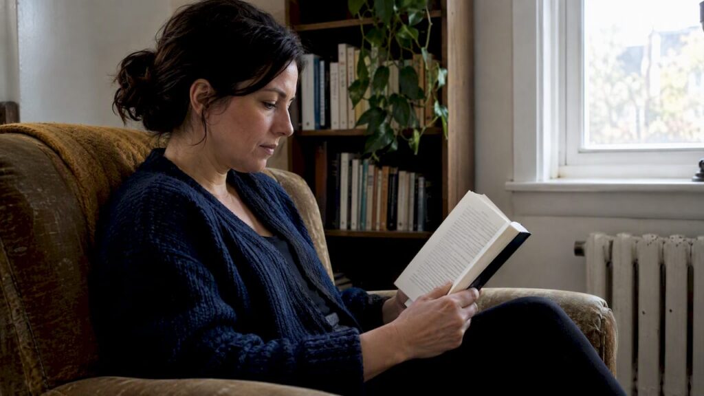 Woman reading a book quietly at home