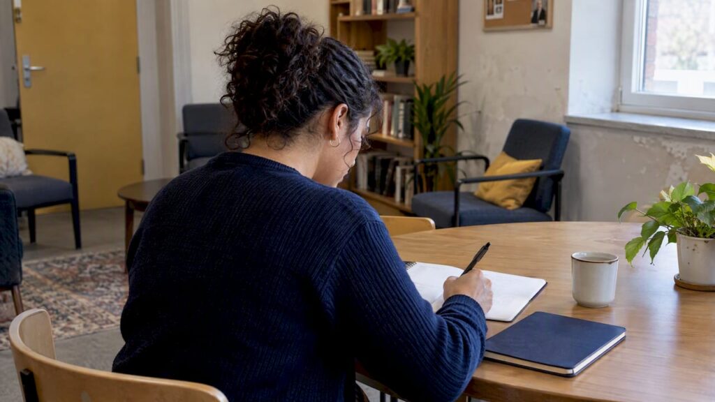 Woman privately writing a relationship safety plan